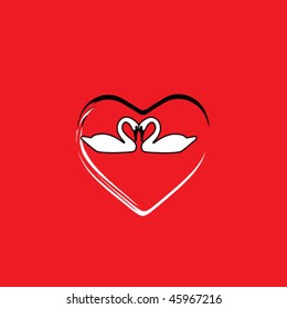 two vector swans in love isolated on red background
