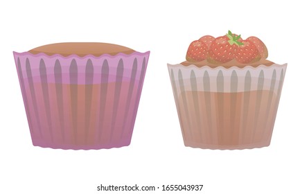 Two vector sweet cupcakes in paper mugs with red strawberry object, isolated on white background.