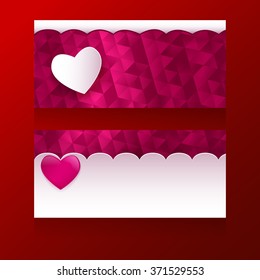Two vector templates for greeting card design, colorful pink banners with hearts. Romantic backdrops, covers for a love letter to express feelings of love.