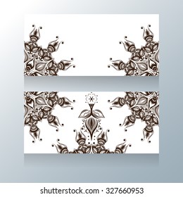 Two vector templates hand drawn in Indian mehndi style, for cards, flyers and cover design, beautiful white horizontal pages with brown lacy ornaments.