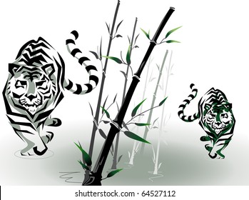 two vector tigers crawling among bamboo jungles