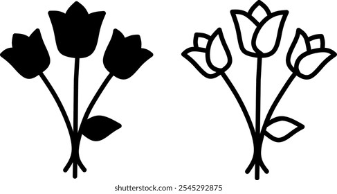 Two vector variants of flower arrangement icons, created manually using a mobile app, completely black and line art only.