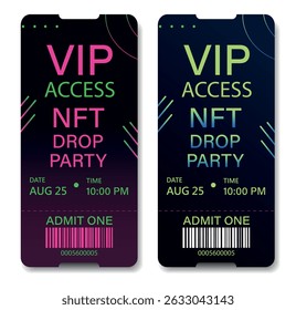 Dos boletos VIP de neón con estilo de Vertical de Vector para la fiesta NFT con fecha y código de barras. Utilice la Plantilla de diseño para exposiciones de NFT, eventos de blockchain, festivales tecnológicos y eventos premium exclusivos