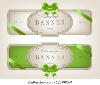 Two vector vintage style cardboard banners with festive silky bow knots - green
