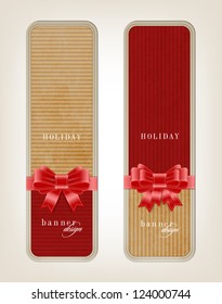 Two vector vintage style cardboard banners with festive silky bow knots - red