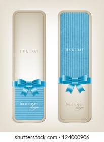Two vector vintage style cardboard banners with festive silky bow knots - light blue