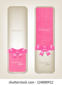 Two vector vintage style cardboard banners with festive silky bow knots - pink