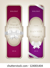 Two vector vintage style cardboard banners with festive silky bow knots - purples