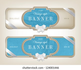 Two vector vintage style cardboard banners with festive silky bow knots - light blue