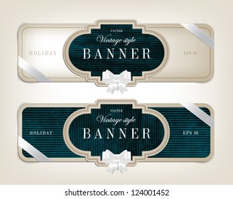 Two vector vintage style cardboard banners with festive silky bow knots - dark blue