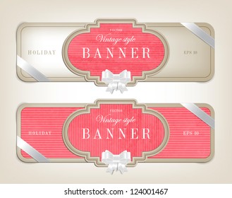Two vector vintage style cardboard banners with festive silky bow knots - pink