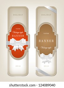 Two vector vintage style cardboard banners with festive silky bow knots- orange and beige