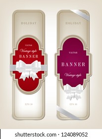 Two vector vintage style cardboard banners with festive silky bow knots - red and purple