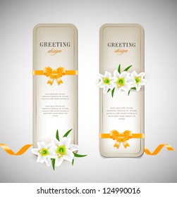 Two vector vintage style cardboard banners with yellow festive silky ribbon bow knots and small white lilies