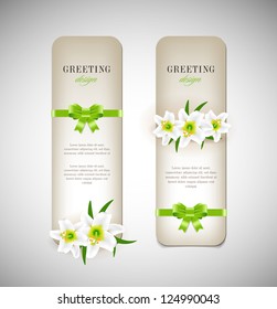 Two vector vintage style cardboard banners with green festive silky ribbon bow knots and small white lilies