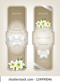 Two vector vintage style cardboard banners with festive silky bow knots and small white lilies