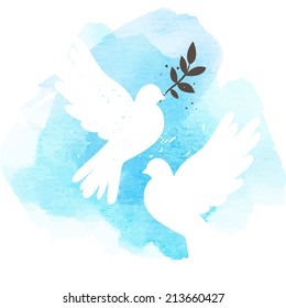 Two vector white doves on blue watercolor background, postcard for international peace day