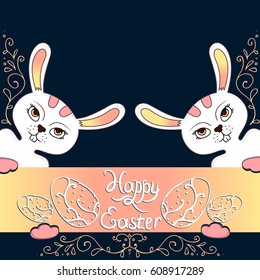 Two vector white Easter Bunny on a greeting card template