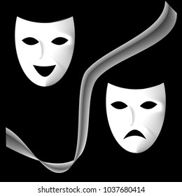 two vector white theatrical masks, with white gray ribbon on black background.
