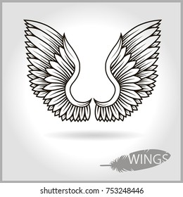 Two vector wings and a gray feather on a light background with a shadow and an inscription