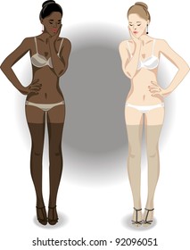 two vector  woman from different ethnic groups in underwear