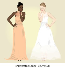 two vector  woman from different ethnic groups in evening dresses