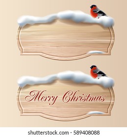 Two vector wooden board with snow for greeting cards, invitation cards, ads.