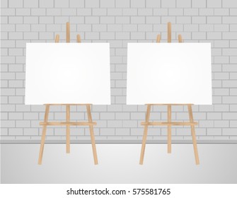 Two Vector Wooden Brown  Easel with Mock Up Empty Blank Horizontal Canvas Standing on Floor in front of   Wall