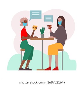 two vector young woman drink coffee with face mask concept healthy communication with friend. against high air toxic pollution city