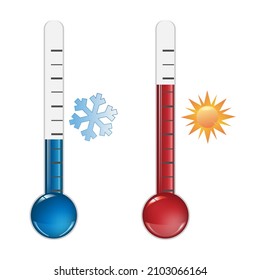 Two vectors realistic 3d meteorology, weather thermometer icon, scattered icons set, density on white background. Clip-art, design template for graphics. Vector