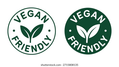 Two vegan friendly logos are shown, featuring a leaf and circular borders, representing plant-based options.