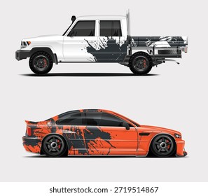 Two vehicle designs are presented: a striking white truck and a vibrant orange sports car.