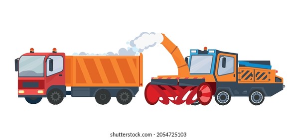 Two vehicles cleaning streets from snow flat vector illustration