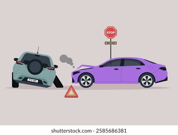 Two vehicles exhibit damage from a collision while a vibrant stop sign alerts drivers to remain vigilant, Caution signs emphasize the need for road safety measures in busy areas