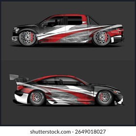Two vehicles, a truck and car, showcase custom wrap designs with abstract red, white, and gray graphics on a dark background.