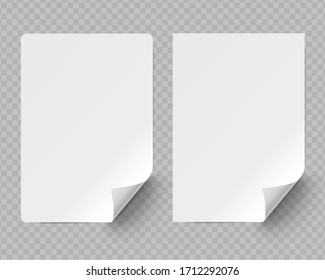 Two version of blank sheets of paper with curled corner on transparent background.