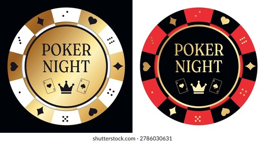 Two version luxurious casino chip design with gold and poker night inscription.