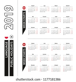Two versions of 2019 calendar in Polish, week starts from Monday and week starts from Sunday.
