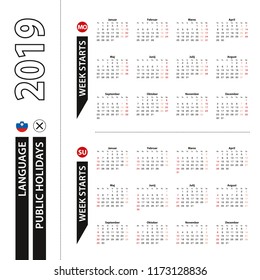 Two versions of 2019 calendar in Slovenian, week starts from Monday and week starts from Sunday.