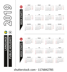 Two versions of 2019 calendar in Swedish, week starts from Monday and week starts from Sunday.