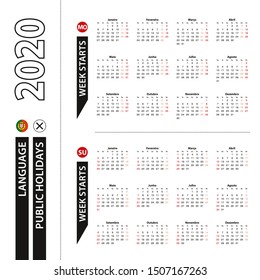 Two versions of 2020 calendar in Portuguese, week starts from Monday and week starts from Sunday. Vector template.