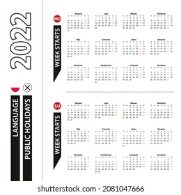 Dos versiones del calendario 2022 en polaco, la semana comienza de lunes a semana a partir del domingo. Plantilla de vectores.