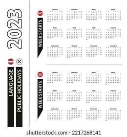Two versions of 2023 calendar in Latvian, week starts from Monday and week starts from Sunday. Vector template.
