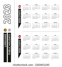 Dos versiones del calendario 2023 en portugués, la semana comienza de lunes a semana a partir del domingo. Plantilla de vectores.