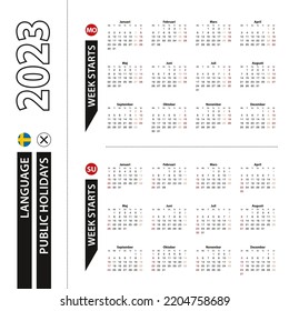 Two versions of 2023 calendar in Swedish, week starts from Monday and week starts from Sunday. Vector template.