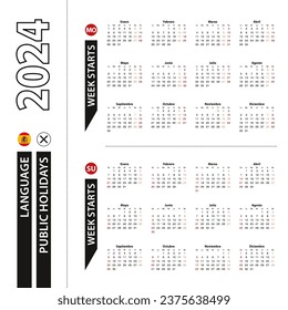 Two versions of 2024 calendar in Spanish, week starts from Monday and week starts from Sunday. Vector template.
