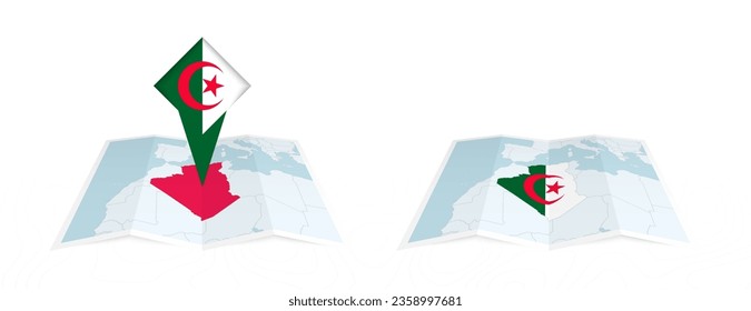 Dos versiones de un mapa doblado de Argelia, una con una bandera del país fijada y otra con una bandera en el contorno del mapa. Plantilla para diseño impreso y en línea. Ilustración vectorial.