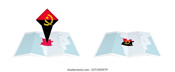 Zwei Versionen einer gefalteten angolanischen Karte, eine mit einer eingepolsterten Landesflagge und eine mit einer Flagge in der Kartenkontur. Vorlage für Print- und Online-Design. Vektorgrafik.