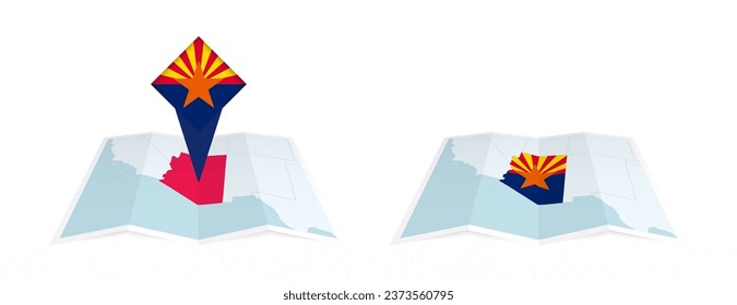 Two versions of an Arizona folded map, one with a pinned country flag and one with a flag in the map contour. Template for both print and online design. Vector illustration.