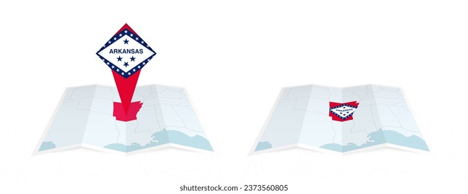 Two versions of an Arkansas folded map, one with a pinned country flag and one with a flag in the map contour. Template for both print and online design. Vector illustration.